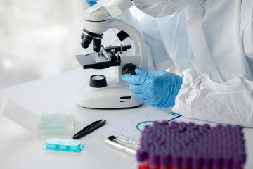 Fototapeta premium Laboratory is used for scientific research to examine and research blood obtained by sampling patients from hospital, lab assistant doing blood tests for abnormalities. Laboratory and expert concepts.