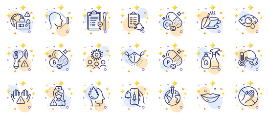 Outline set of Dont touch, Vaccine announcement and Mint tea line icons for web app. Include Pandemic vaccine, Electronic thermometer, Medical mask pictogram icons. Stress, Nasal test. Vector