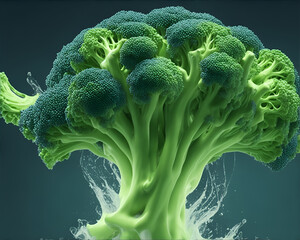 Broccoli is splashed with a drink or water in slow motion. It is a vegetable with beneficial vitamins and nutrients. Generative AI