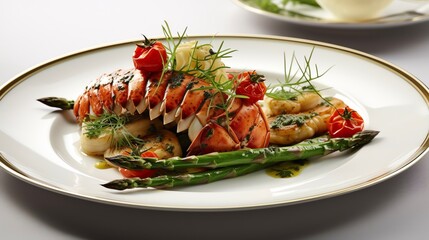 Succulent lobster tail coated in a rich herb-infused butter sauce toamto grilled generative ai