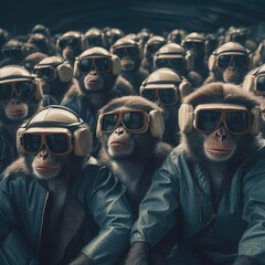A crowd of monkeys wearing virtual reality glasses