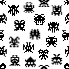 Arcade game pixel monster seamless pattern, retro 8 bit cartoon alien creatures, vector background. Video game pixel art of 8bit monsters or robot creatures and cosmic devil or bizarre characters © Vector Tradition