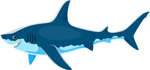 Shark character, powerful and magnificent sea animal with streamlined sleek body, sharp teeth, and incredible swimming abilities. Isolated cartoon vector apex predator living in the oceans
