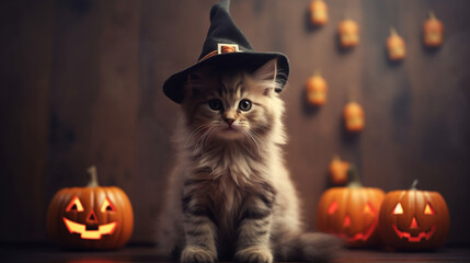 Kittens in Halloween costumes. Trick or Treat. Background on a festive theme. Gloomy Halloween background. October 31. AI Generative.