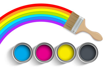 Paint brush draws a rainbow. CMYK ink in paint cans. Color pigments isolated on white background. vector illustration