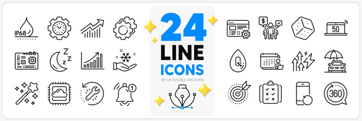 Icons set of Moon, Waterproof and Accounting line icons pack for app with Magic wand, Dice, Motherboard thin outline icon. Cloud computing, Demand curve, Reminder pictogram. Vector