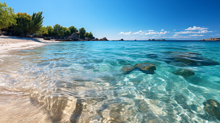 Fototapeta premium Beautiful tropical beach banner, travel tourism wide panorama background concept, Generative AI