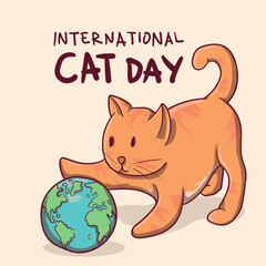 cute kitty play earth globe for international cat day celebration. vector illustration 