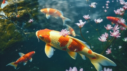 Koi fishes in pond water, background or wallpaper with Japanese carps or koi fishes by AI generative