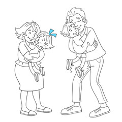 Friendly family. Happy parents hold their little children in their arms.  Black and white picture.  In cartoon style. Isolated on white background. Vector illustration for coloring book.