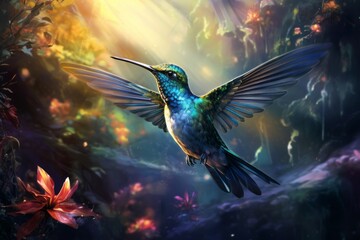 Obraz premium Multicolored hummingbird flies to the flower. 