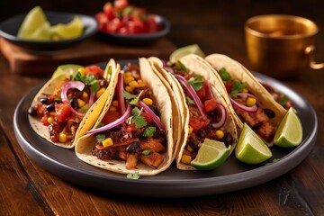 Vegan food. onion, corn, avocado, tacos edamame, lime, radish, cabbage wooden table generative ai