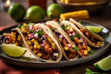 Vegan food. onion, corn, avocado, tacos edamame, lime, radish, cabbage wooden table generative ai