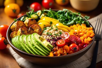 Vegetable vegetarian buddha bowl avocado, mushrooms, broccoli, spinach, chickpeas, pumpkin generative ai