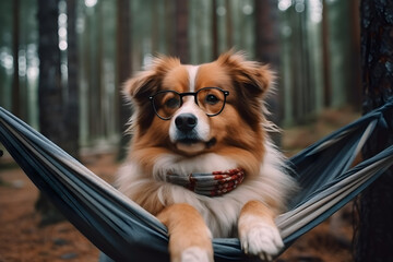 cute dog is sitting on a hammock in a pine forest ,generative ai