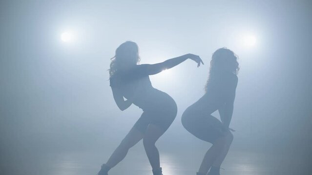silhouettes of two sexy girls dancing in studio light. Lifestyle sexy seductive movements modern dances. High quality 4k footage