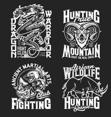 Dragon, rhino, goat and fish mascots and t-shirt prints. Vector sports, fighting or hunting club black and white prints for uniform, tshirt activewear monochrome template with animals and lettering