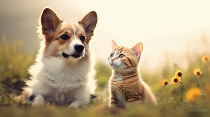 Pembroke Welsh Corgi dog and cat together in the grass.Fall-Themed Pet.
Happy International Cat Day and National Dog Day.