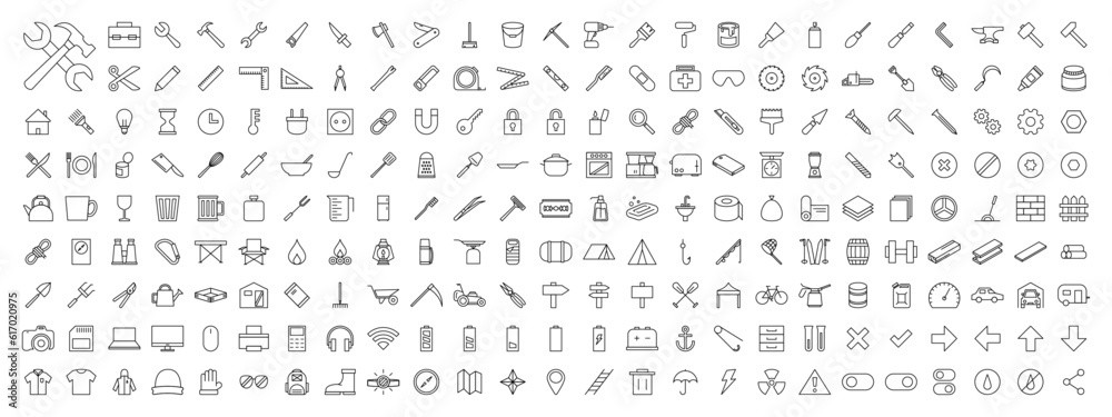 Wall mural Tools and Equipment Outlined Vector Icon Set Megapack Transparent Background PNG Editable Stroke EPS AI