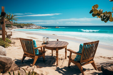 Fototapeta premium Beautiful beach. Two armchairs and a table with drinks on a sandy beach against the backdrop of the sea. Summer holiday and beach club concept.