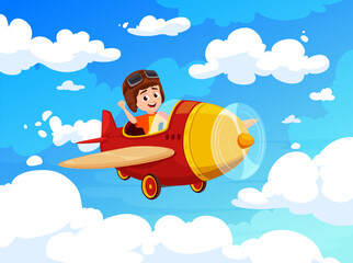 Kid flying on plane in blue cloudy sky. Cartoon child pilot on airplane. Adventurous boy soaring through the fluffy clouds, filled with excitement and wonder. Vector smiling aviator aircraft travel © Vector Tradition