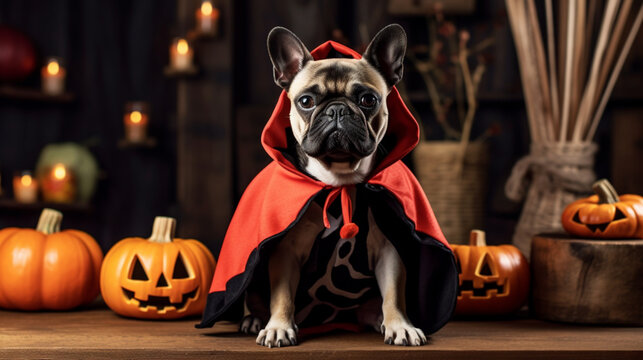Dog in Halloween costumes. Trick or Treat. Background on a festive theme. Gloomy Halloween background. October 31. AI Generative.
