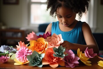 An African American child girl cutting out paper flowers and assembling them into a beautiful bouquet for mother. Mother's day. Generative AI.