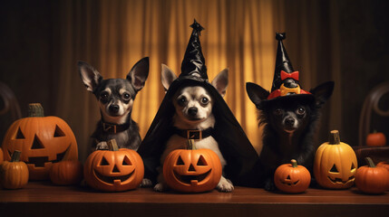 Dog in Halloween costumes. Trick or Treat. Background on a festive theme. Gloomy Halloween background. October 31. AI Generative.