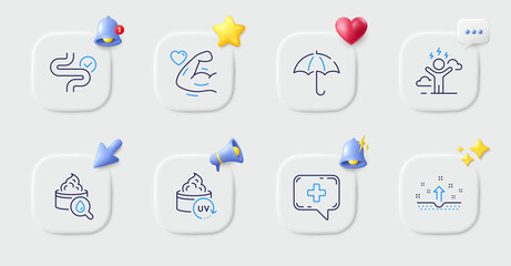Naklejka premium Difficult stress, Umbrella and Moisturizing cream line icons. Buttons with 3d bell, chat speech, cursor. Pack of Medical chat, Clean skin, Digestion icon. Strong arm, Uv protection pictogram. Vector