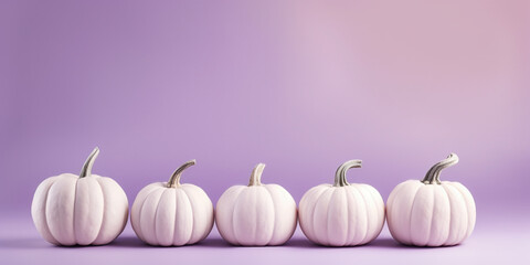 Obraz na płótnie Canvas White pumpkins in a row on pastel violet background