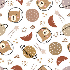 Seamless patterns adorable bear cartoons in space hand-Drawn cute in flat style