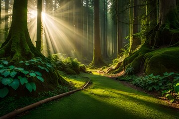 sun rays in the forest generated ai