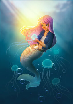Cute illustration of a mermaid in the ocean under water with jellyfish.
