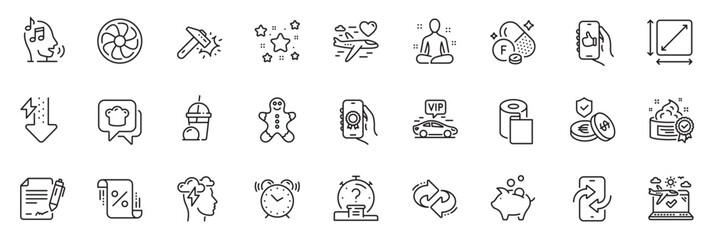 Fototapeta na wymiar Icons pack as Honeymoon travel, Square area and Energy drops line icons for app include Cooking hat, Loan percent, Voicemail outline thin icon web set. Award app, Hammer blow, Yoga pictogram. Vector