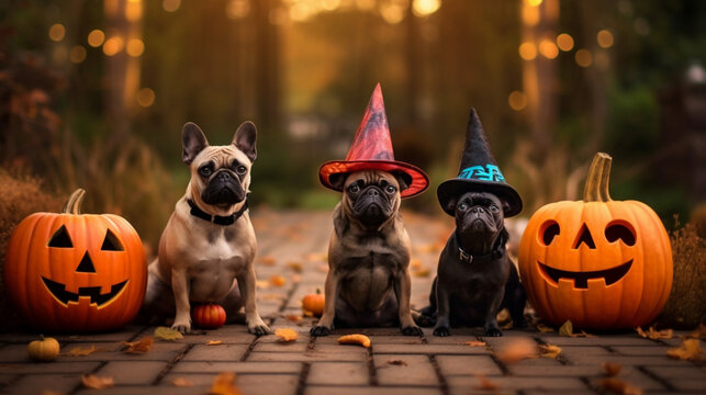 Dog in Halloween costumes. Trick or Treat. Background on a festive theme. Gloomy Halloween background. October 31. AI Generative.