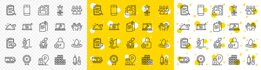 Outline Medical prescription, Medical vaccination and Smartphone line icons pack for web with Wholesale inventory, Group, Laptop repair line icon. Lock, Reject medal. Vector