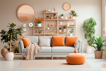 Cozy living room interior, stylish minimalistic decor, in pastel beige colors. Generative AI.