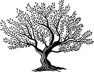 Obraz premium Olive tree isolated silhouette icon with leaves for olive oil vector label. Organic food product package emblem and olive tree silhouette sign of nature, plant for eco or bio extra virgin olive oil
