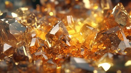 Golden background of crystals, glass cubes wallpaper, gold crystals background with abstract light shine in 3D AI generative
