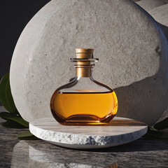 Glass perfume bottle displayed on a round marble floor in front of the stone piece