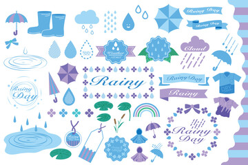 A set of clipart decorations with a rainy season theme