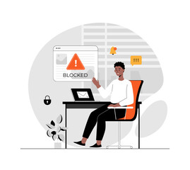 Blocking, banned user account on social media. Error, access is denied. Account safety and secure. Illustration with people scene in flat design for website and mobile development.