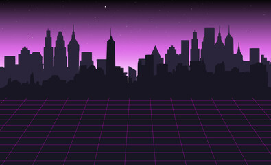 Vaporwave or Synthwave cityscape design at dusk with stars shining