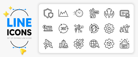 Online accounting, Fake internet and Certificate line icons set for app include Timer, Saving electricity, Inspect outline thin icon. Leadership, Outsourcing, Hold t-shirt pictogram icon. Vector