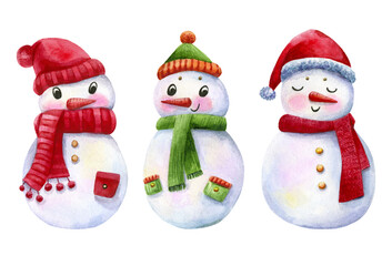 Watercolor cute snowmen in hats and scarves hand drawn. Bright Christmas characters set isolated on white background.