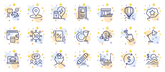 Outline set of Bumper cars, Wallet and Marketplace line icons for web app. Include Cursor, Check investment, Table lamp pictogram icons. Vip clients, Air balloon, Lawyer signs. Vector