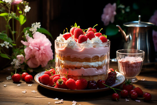 Homemade strawberry cheesecake, pie with strawberries and whipped cream. Food summer still life. Cooking at home concept. Generative AI