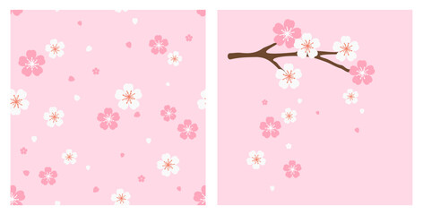 Fototapeta na wymiar Seamless pattern with cherry blossom Sakura flower on pink background vector. Sakura branch and falling flower vector illustration.