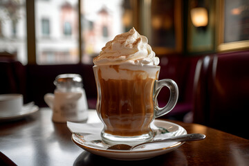 Tasty Viennese coffee in glass cup with whipped cream and cinnamon in cafe. Close up. Generative AI.