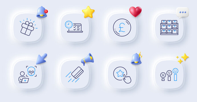 Cyber Attack, Storage And Loyalty Star Line Icons. Buttons With 3d Bell, Chat Speech, Cursor. Pack Of Customer Satisfaction, Pound Money, Credit Card Icon. Gift, Online Test Pictogram. Vector